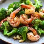 Air fryer shrimp broccoli - the image is a close-up of a plate of food. the plate is round and has a light blue rim. on top of the plate, there are several pieces of cooked shrimp and broccoli. the shrimp are pink and appear to be seasoned with herbs and spices. the broccoli is bright green and looks fresh and healthy. there are also some peanuts scattered on the plate. the background is blurred, but it appears to be a kitchen countertop.