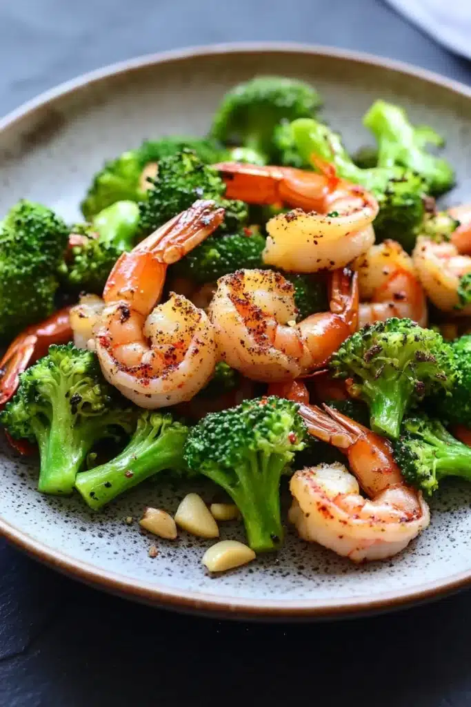 Air fryer shrimp broccoli - the image is a close-up of a plate of food. the plate is round and has a light blue rim. on top of the plate, there are several pieces of cooked shrimp and broccoli. the shrimp are pink and appear to be seasoned with herbs and spices. the broccoli is bright green and looks fresh and healthy. there are also some peanuts scattered on the plate. the background is blurred, but it appears to be a kitchen countertop.
