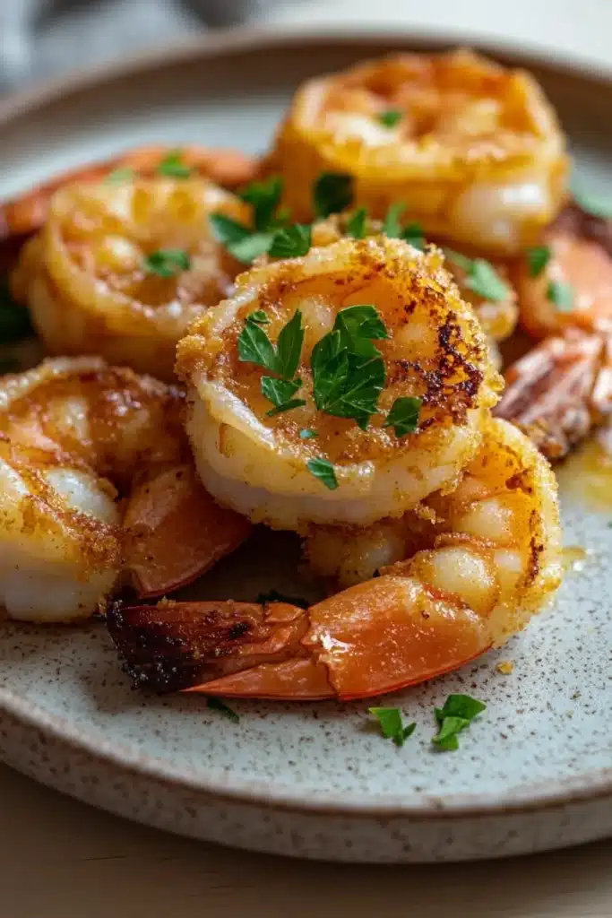 Air fryer shrimp cooking time - the image shows a plate of cooked shrimp. the shrimp are golden brown and appear to be seasoned with herbs and spices. they are arranged in a circular pattern on the plate, with some overlapping each other. the plate is white with a speckled texture, and there are a few sprigs of parsley scattered around the plate. the background is blurred, but it appears to be a wooden table or countertop.