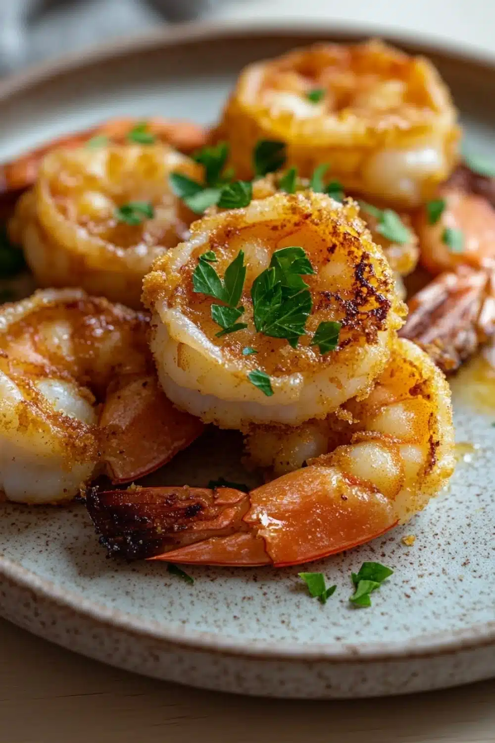 Air fryer shrimp cooking time - the image shows a plate of cooked shrimp. the shrimp are golden brown and appear to be seasoned with herbs and spices. they are arranged in a circular pattern on the plate, with some overlapping each other. the plate is white with a speckled texture, and there are a few sprigs of parsley scattered around the plate. the background is blurred, but it appears to be a wooden table or countertop.