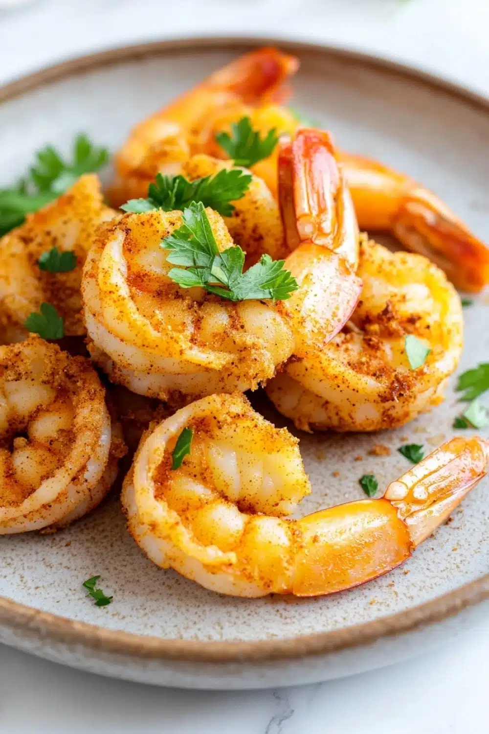 Air fryer shrimp cooking time - the image shows a plate of cooked shrimp on a white marble countertop. the shrimp are golden brown and appear to be seasoned with herbs and spices. they are arranged in a circular pattern on the plate, with some overlapping each other. the plate is garnished with a sprig of fresh parsley. the background is blurred, making the shrimp the focal point of the image.