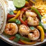 Air fryer shrimp fajitas - the image is a close-up of a plate of food. the plate is made of ceramic and has a brown rim. on the left side of the plate, there are two tortillas stacked on top of each other. the tortillas are golden brown and appear to be seasoned with herbs and spices. next to the tortillas, there is a pile of shredded cheese, sliced red and yellow bell peppers, and a dollop of sour cream. there are also a few lime wedges and a sprig of cilantro on the plate. the background is dark, making the colors of the food stand out.