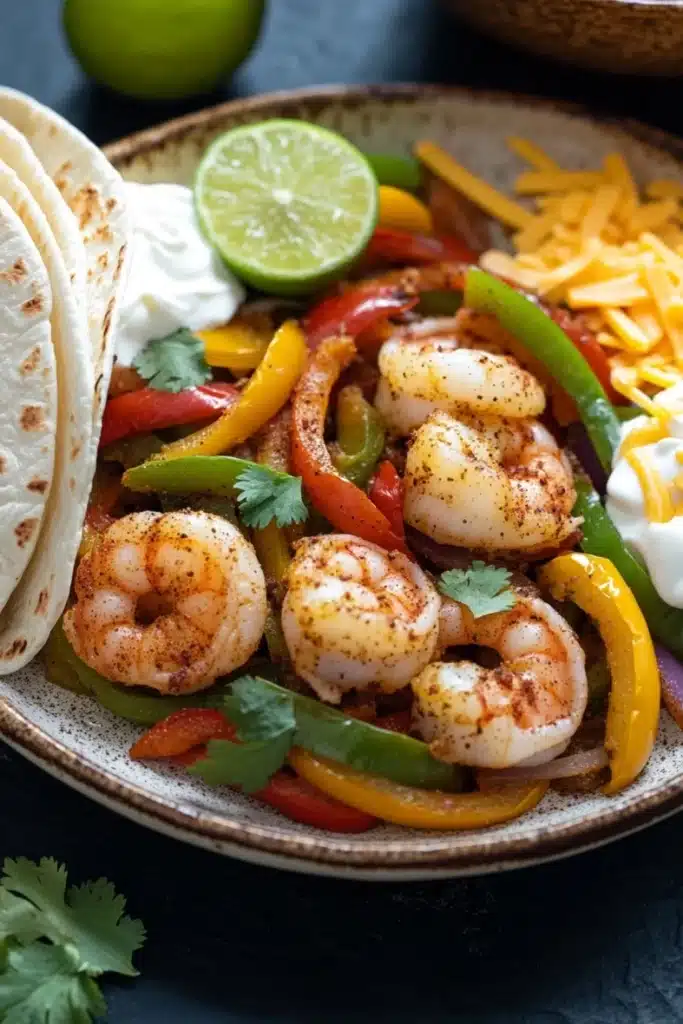 Air fryer shrimp fajitas - the image is a close-up of a plate of food. the plate is made of ceramic and has a brown rim. on the left side of the plate, there are two tortillas stacked on top of each other. the tortillas are golden brown and appear to be seasoned with herbs and spices. next to the tortillas, there is a pile of shredded cheese, sliced red and yellow bell peppers, and a dollop of sour cream. there are also a few lime wedges and a sprig of cilantro on the plate. the background is dark, making the colors of the food stand out.