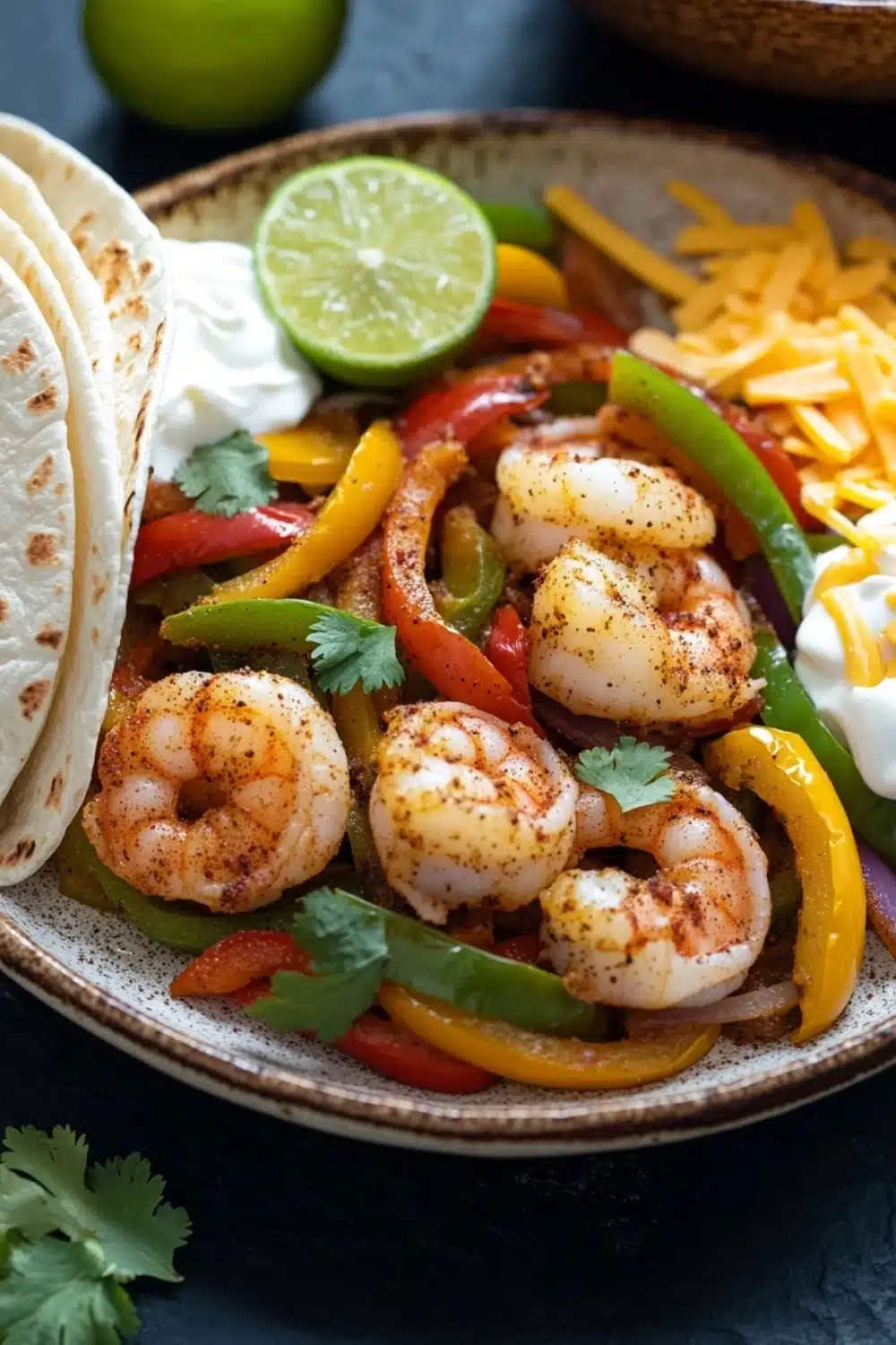 Air fryer shrimp fajitas - the image is a close-up of a plate of food. the plate is made of ceramic and has a brown rim. on the left side of the plate, there are two tortillas stacked on top of each other. the tortillas are golden brown and appear to be seasoned with herbs and spices. next to the tortillas, there is a pile of shredded cheese, sliced red and yellow bell peppers, and a dollop of sour cream. there are also a few lime wedges and a sprig of cilantro on the plate. the background is dark, making the colors of the food stand out.