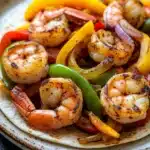 Air fryer shrimp fajitas - the image is a close-up of a plate of food. the plate is round and has a speckled pattern around the edges. on top of the plate, there are several large shrimp arranged in a circular pattern. the shrimp are cooked to a golden brown color and appear to be seasoned with herbs and spices. below the shrimp, there is a pile of sliced yellow and red bell peppers, red onions, and green bell peppers. the peppers are cut into thin strips and are arranged in an even layer on top of each other. the dish is garnished with a sprinkle of herbs. the background is a dark grey countertop.