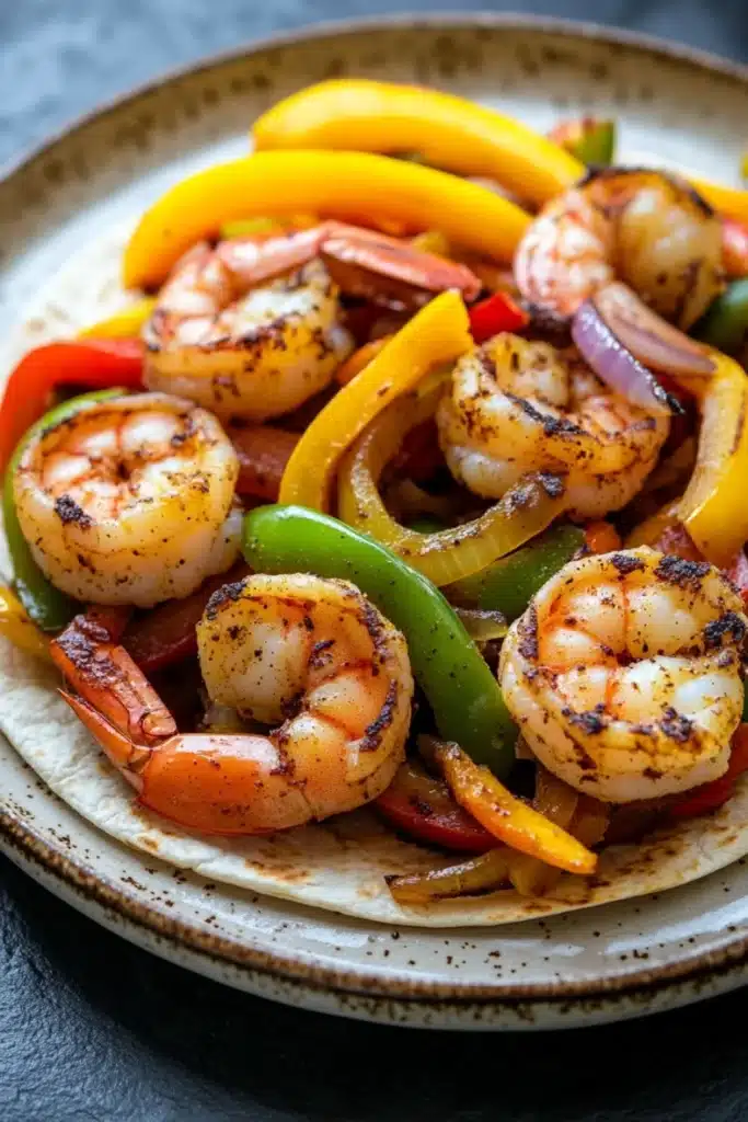 Air fryer shrimp fajitas - the image is a close-up of a plate of food. the plate is round and has a speckled pattern around the edges. on top of the plate, there are several large shrimp arranged in a circular pattern. the shrimp are cooked to a golden brown color and appear to be seasoned with herbs and spices. below the shrimp, there is a pile of sliced yellow and red bell peppers, red onions, and green bell peppers. the peppers are cut into thin strips and are arranged in an even layer on top of each other. the dish is garnished with a sprinkle of herbs. the background is a dark grey countertop.