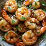 Air fryer shrimp honey garlic - the image shows a plate of cooked shrimp in a brown and white speckled bowl. the shrimp are orange in color and appear to be seasoned with herbs and spices. they are arranged in a circular pattern in the bowl, with some overlapping each other. the dish is garnished with chopped parsley and there is a drizzle of sauce on top. the bowl is sitting on a wooden table with a white napkin in the background.
