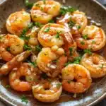 Air fryer shrimp honey garlic - the image shows a plate of cooked shrimp on a wooden table. the shrimp are orange in color and appear to be seasoned with herbs and spices. they are arranged in a circular pattern on the plate, with some overlapping each other. the dish is garnished with chopped parsley and there is a drizzle of sauce on top. the plate is brown and has a speckled texture. the background is blurred, but it appears to be a rustic kitchen countertop.