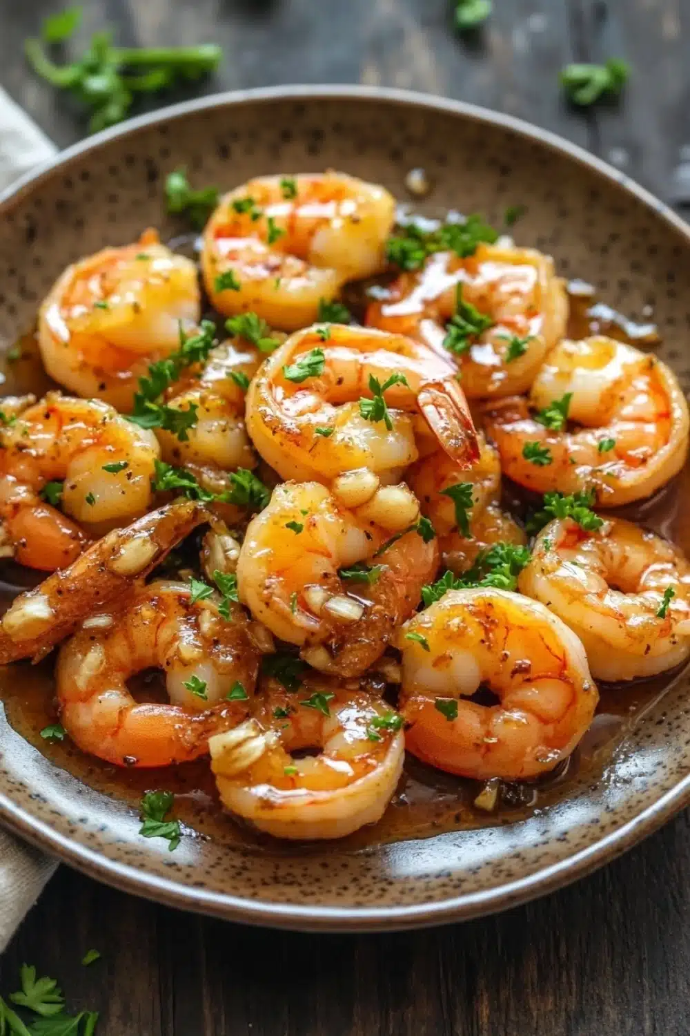 Air fryer shrimp honey garlic - the image shows a plate of cooked shrimp on a wooden table. the shrimp are orange in color and appear to be seasoned with herbs and spices. they are arranged in a circular pattern on the plate, with some overlapping each other. the dish is garnished with chopped parsley and there is a drizzle of sauce on top. the plate is brown and has a speckled texture. the background is blurred, but it appears to be a rustic kitchen countertop.