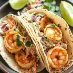 Air fryer shrimp tacos with cabbage slaw - the image shows two tacos on a black plate with a side of coleslaw. the tacos are made with a tortilla shell and are filled with shrimp and vegetables. the shrimp are cooked to a golden brown color and appear to be seasoned with herbs and spices. the coleslaws are a mix of red, orange, and green colors, and there are two lime wedges on either side of the plate. the plate is garnished with a sprig of cilantro. the background is blurred, but it appears to be a kitchen countertop.