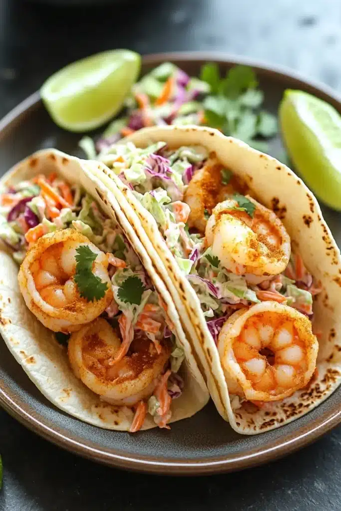 Air fryer shrimp tacos with cabbage slaw - the image shows two tacos on a black plate with a side of coleslaw. the tacos are made with a tortilla shell and are filled with shrimp and vegetables. the shrimp are cooked to a golden brown color and appear to be seasoned with herbs and spices. the coleslaws are a mix of red, orange, and green colors, and there are two lime wedges on either side of the plate. the plate is garnished with a sprig of cilantro. the background is blurred, but it appears to be a kitchen countertop.