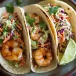 Air fryer shrimp tacos with cabbage slaw - the image shows three tacos on a brown plate. the tacos are made with a tortilla shell and are filled with a colorful salad. the salad is made up of shredded cabbage, carrots, and other vegetables, and is garnished with fresh cilantro. there are two lime wedges on the plate, one on each side of the tacos. the plate is sitting on a wooden table with a blurred background.