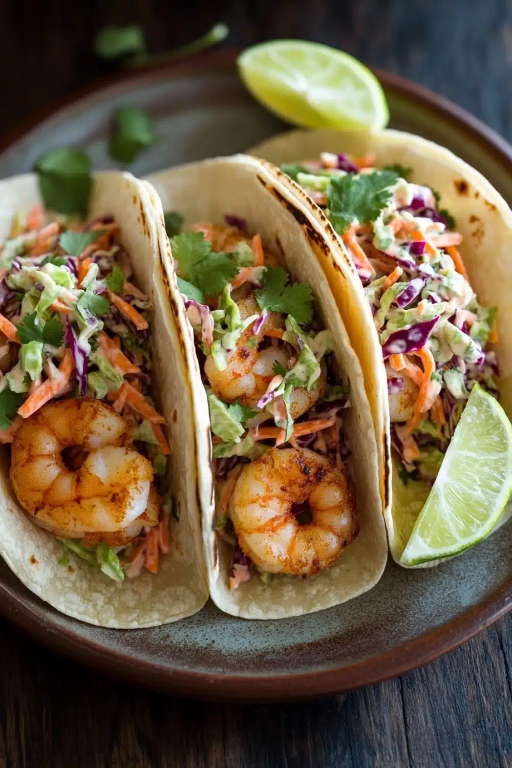 Air fryer shrimp tacos with cabbage slaw - the image shows three tacos on a brown plate. the tacos are made with a tortilla shell and are filled with a colorful salad. the salad is made up of shredded cabbage, carrots, and other vegetables, and is garnished with fresh cilantro. there are two lime wedges on the plate, one on each side of the tacos. the plate is sitting on a wooden table with a blurred background.