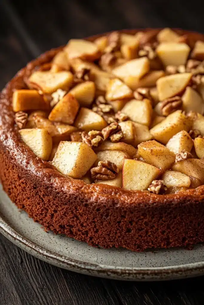 Apple cake from mix boxes - the image is of a freshly baked apple tart on a round cake stand. the tart has a golden brown crust and is topped with sliced apples and pecans. the apples are arranged in a circular pattern on top of the tart, with some overlapping each other. the pecan nuts are scattered throughout the tart and add a crunchy texture to the dish. the cake stand is made of metal and has a blue and white pattern around the edges. the background is a dark wooden table.