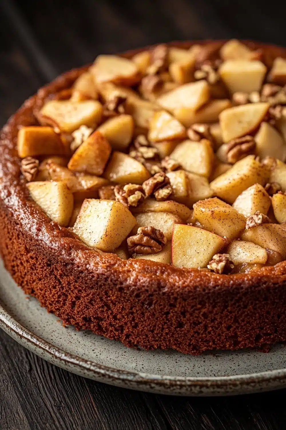 Apple cake from mix boxes - the image is of a freshly baked apple tart on a round cake stand. the tart has a golden brown crust and is topped with sliced apples and pecans. the apples are arranged in a circular pattern on top of the tart, with some overlapping each other. the pecan nuts are scattered throughout the tart and add a crunchy texture to the dish. the cake stand is made of metal and has a blue and white pattern around the edges. the background is a dark wooden table.