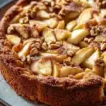 Apple cake from mix boxes - the image is of a freshly baked apple tart on a blue plate. the tart has a golden brown crust and is topped with sliced apples and walnuts. the apples are arranged in a circular pattern on top of the tart, with some overlapping each other. the walnuts are scattered throughout the tart and add a crunchy texture to the dish. the plate is sitting on a dark blue tablecloth.
