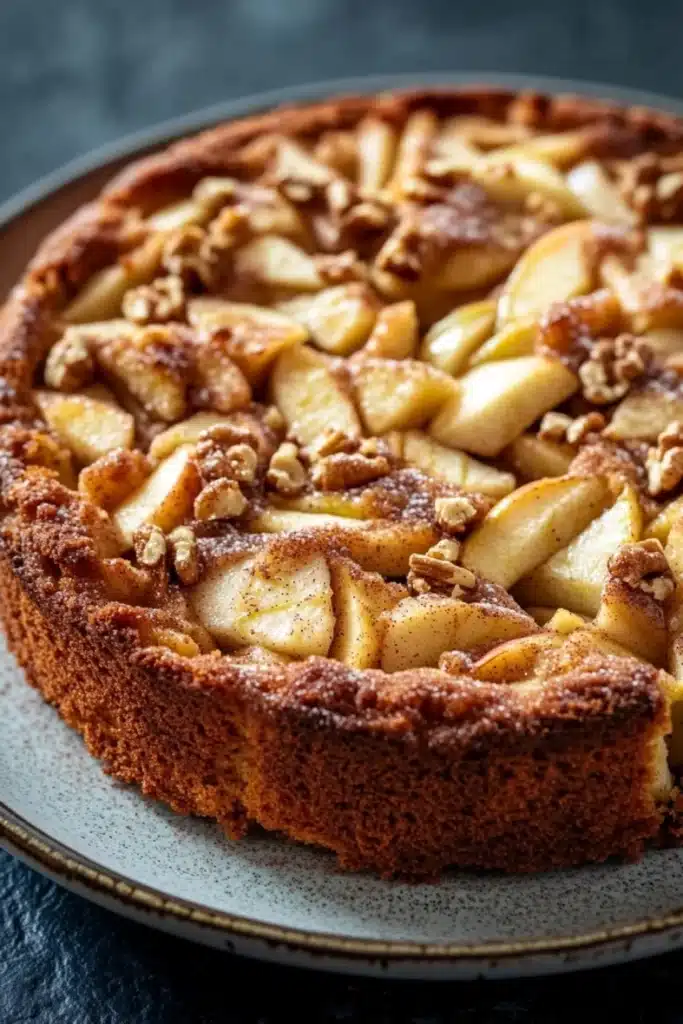 Apple cake from mix boxes - the image is of a freshly baked apple tart on a blue plate. the tart has a golden brown crust and is topped with sliced apples and walnuts. the apples are arranged in a circular pattern on top of the tart, with some overlapping each other. the walnuts are scattered throughout the tart and add a crunchy texture to the dish. the plate is sitting on a dark blue tablecloth.