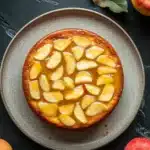 Apple cake glaze - the image shows a round cake on a grey plate with a dark grey background. the cake is topped with sliced apples arranged in a circular pattern on top of a layer of caramel sauce. there are two whole apples on either side of the plate, one red and one yellow, and a few green leaves scattered around the plate. the overall aesthetic of the image is rustic and appetizing.