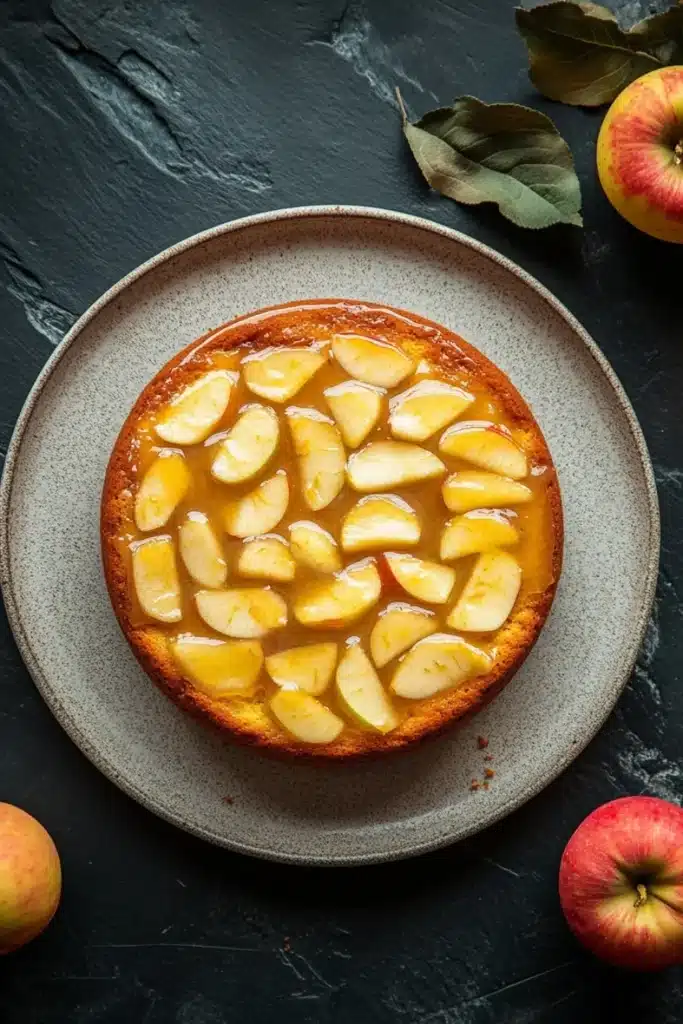 Apple cake glaze - the image shows a round cake on a grey plate with a dark grey background. the cake is topped with sliced apples arranged in a circular pattern on top of a layer of caramel sauce. there are two whole apples on either side of the plate, one red and one yellow, and a few green leaves scattered around the plate. the overall aesthetic of the image is rustic and appetizing.