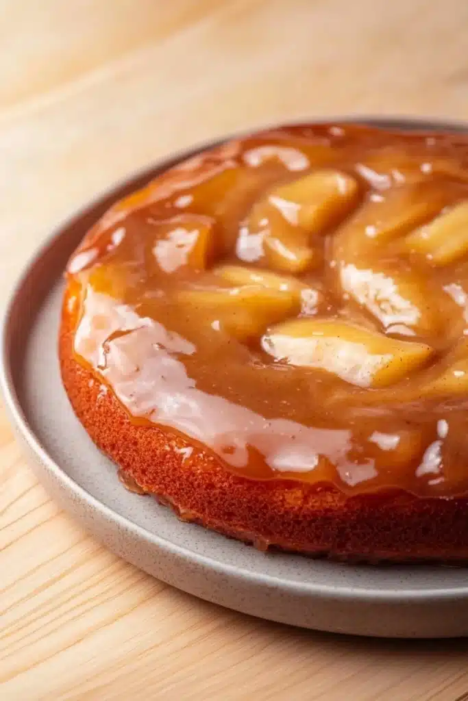 Apple cake glaze - the image is a close-up of a round cake on a gray plate. the cake appears to be freshly baked and has a golden brown crust. on top of the cake, there is a layer of caramel sauce that is drizzled over the top. the caramel sauce is a light brown color and looks smooth and glossy. there are several slices of caramel arranged in a circular pattern on the cake. the plate is sitting on a wooden table.