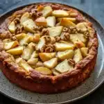 Apple cake gluten free - the image is of a freshly baked apple tart on a round cake stand. the tart has a golden brown crust and is topped with sliced apples and walnuts. the apples are arranged in a circular pattern on top of the tart, with some of them overlapping each other. the walnuts are scattered throughout the tart and add a crunchy texture to the dish. the cake stand is made of metal and has a speckled pattern around the edges. the background is a dark grey countertop.