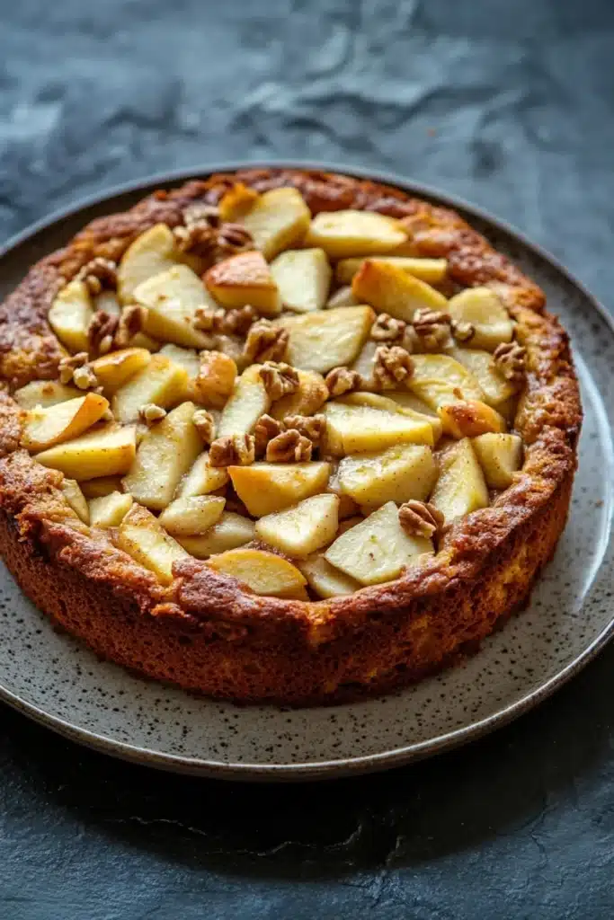 Apple cake gluten free - the image is of a freshly baked apple tart on a round cake stand. the tart has a golden brown crust and is topped with sliced apples and walnuts. the apples are arranged in a circular pattern on top of the tart, with some of them overlapping each other. the walnuts are scattered throughout the tart and add a crunchy texture to the dish. the cake stand is made of metal and has a speckled pattern around the edges. the background is a dark grey countertop.
