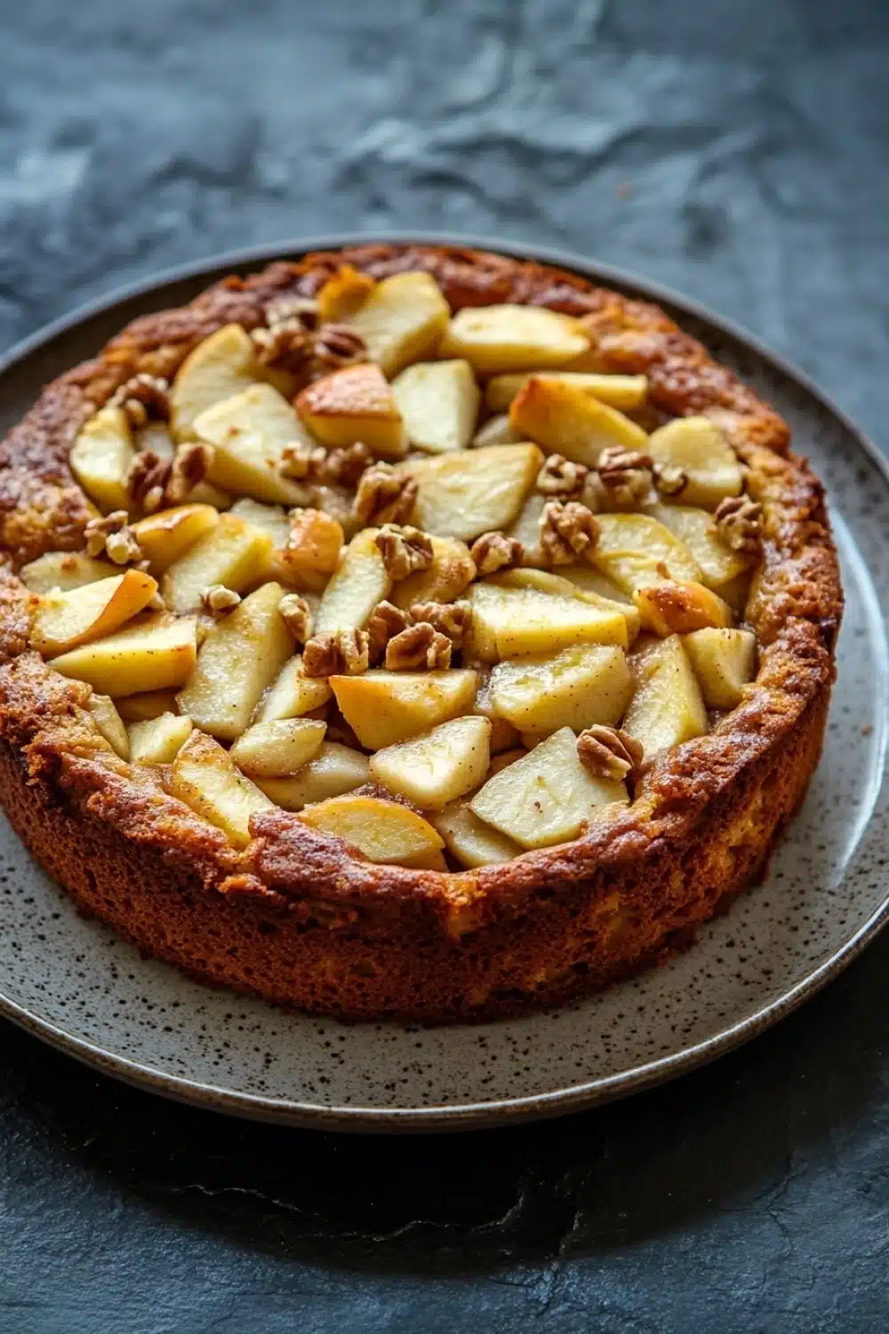 Apple cake gluten free - the image is of a freshly baked apple tart on a round cake stand. the tart has a golden brown crust and is topped with sliced apples and walnuts. the apples are arranged in a circular pattern on top of the tart, with some of them overlapping each other. the walnuts are scattered throughout the tart and add a crunchy texture to the dish. the cake stand is made of metal and has a speckled pattern around the edges. the background is a dark grey countertop.