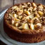 Apple cake gluten free - the image is of a round cake on a blue plate. the cake appears to be freshly baked and has a golden brown crust. on top of the cake, there are sliced apples arranged in a circular pattern. the apples are cut into small cubes and are scattered randomly across the cake. the plate is sitting on a wooden table with a rustic background. the overall mood of the image is warm and inviting.