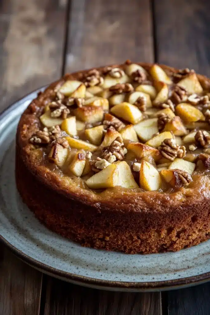 Apple cake gluten free - the image is of a round cake on a blue plate. the cake appears to be freshly baked and has a golden brown crust. on top of the cake, there are sliced apples arranged in a circular pattern. the apples are cut into small cubes and are scattered randomly across the cake. the plate is sitting on a wooden table with a rustic background. the overall mood of the image is warm and inviting.
