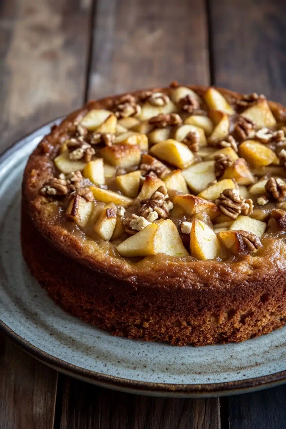 Apple cake gluten free - the image is of a round cake on a blue plate. the cake appears to be freshly baked and has a golden brown crust. on top of the cake, there are sliced apples arranged in a circular pattern. the apples are cut into small cubes and are scattered randomly across the cake. the plate is sitting on a wooden table with a rustic background. the overall mood of the image is warm and inviting.