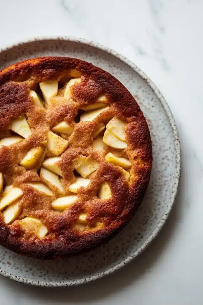 Apple cake no milk - the image is a close-up of a round cake on a white marble countertop. the cake appears to be freshly baked and has a golden brown crust on top. it is topped with sliced apples arranged in a criss-cross pattern, creating a lattice-like design. the apples are cut into small cubes and are arranged evenly across the top of the cake. the plate is round and has small speckles around the edges. the background is blurred, making the cake the focal point of the image.
