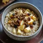 Apple cake oats - the image shows a bowl of oatmeal with sliced apples and pecans on top. the bowl is made of ceramic and is placed on a dark blue tablecloth. the oatmeal is light brown in color and has a speckled texture. the apples are cut into small cubes and are arranged in a circular pattern on top of the oatmeal. there are also some nuts scattered around the bowl. in the background, there is a wooden cutting board with sliced peaches on it. the overall mood of the image is warm and inviting.