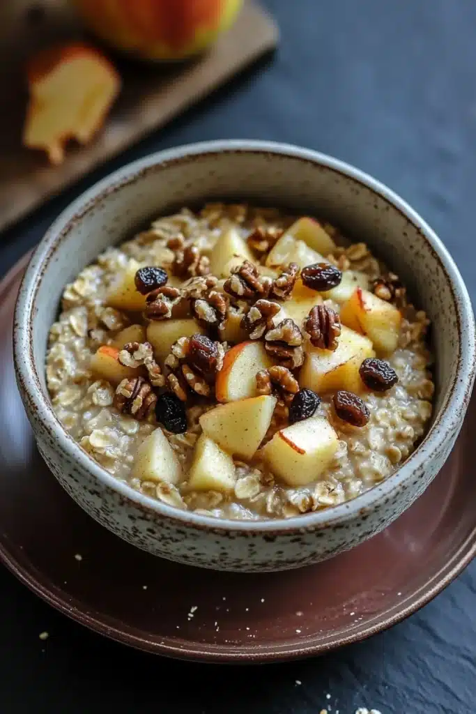 Apple cake oats - the image shows a bowl of oatmeal with sliced apples and pecans on top. the bowl is made of ceramic and is placed on a dark blue tablecloth. the oatmeal is light brown in color and has a speckled texture. the apples are cut into small cubes and are arranged in a circular pattern on top of the oatmeal. there are also some nuts scattered around the bowl. in the background, there is a wooden cutting board with sliced peaches on it. the overall mood of the image is warm and inviting.