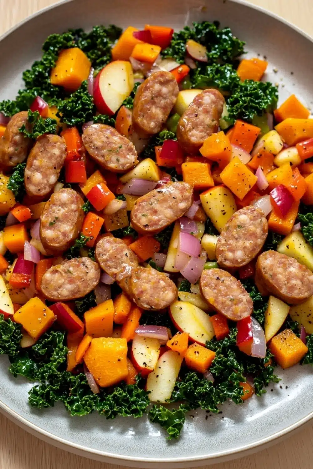 Apple chicken sausage and harvest vegetable skillet - the image is a close-up of a plate of food. the plate is white and round, and it is placed on a wooden table. the food appears to be a salad with a variety of ingredients, including kale, diced carrots, apples, and red onions. there are also small pieces of sausage scattered throughout the salad. the colors of the ingredients are vibrant and the dish looks fresh and appetizing.