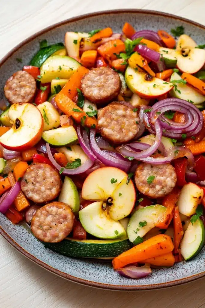 Apple chicken sausage and harvest vegetable skillet - the image is a close-up of a colorful salad in a bowl. the salad is made up of various vegetables, including sliced apples, red onions, carrots, zucchini, and bell peppers. the vegetables are arranged in a circular pattern, with some overlapping each other. the colors of the vegetables are vibrant and the dish looks fresh and appetizing. the bowl is sitting on a wooden table, and the background is blurred, making the salad the focal point of the image.