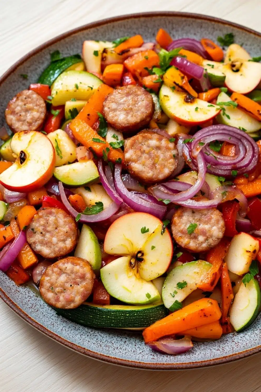 Apple chicken sausage and harvest vegetable skillet - the image is a close-up of a colorful salad in a bowl. the salad is made up of various vegetables, including sliced apples, red onions, carrots, zucchini, and bell peppers. the vegetables are arranged in a circular pattern, with some overlapping each other. the colors of the vegetables are vibrant and the dish looks fresh and appetizing. the bowl is sitting on a wooden table, and the background is blurred, making the salad the focal point of the image.