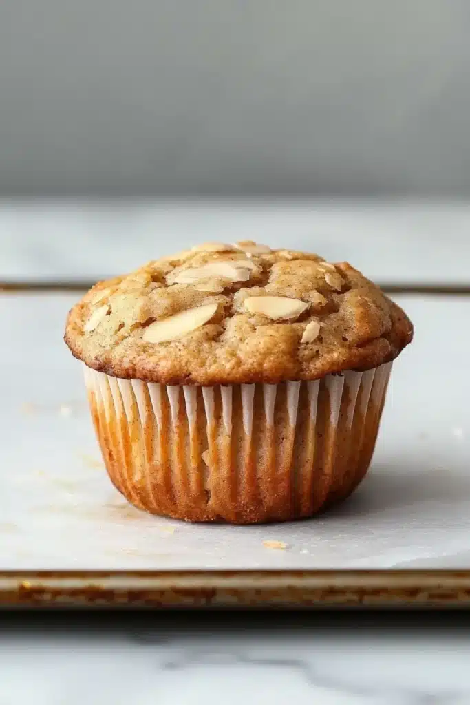 Apple muffin with almond flour - the image shows a freshly baked muffin on a white marble countertop. the muffin is golden brown in color and has a crumbly texture. it is topped with sliced almonds, giving it a crunchy appearance. the edges of the muffin are lined with white paper liners. the background is blurred, making the muffins the focal point of the image.