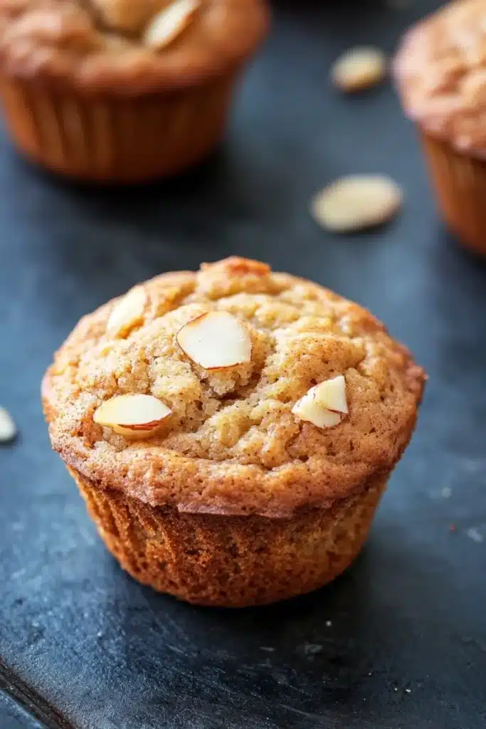Apple muffin with almond flour - the image shows three freshly baked muffins on a black slate surface. the muffins are golden brown in color and have a crumbly texture. they are topped with sliced almonds, giving them a crunchy appearance. the background is blurred, but it appears to be a kitchen countertop with more muffins scattered around.