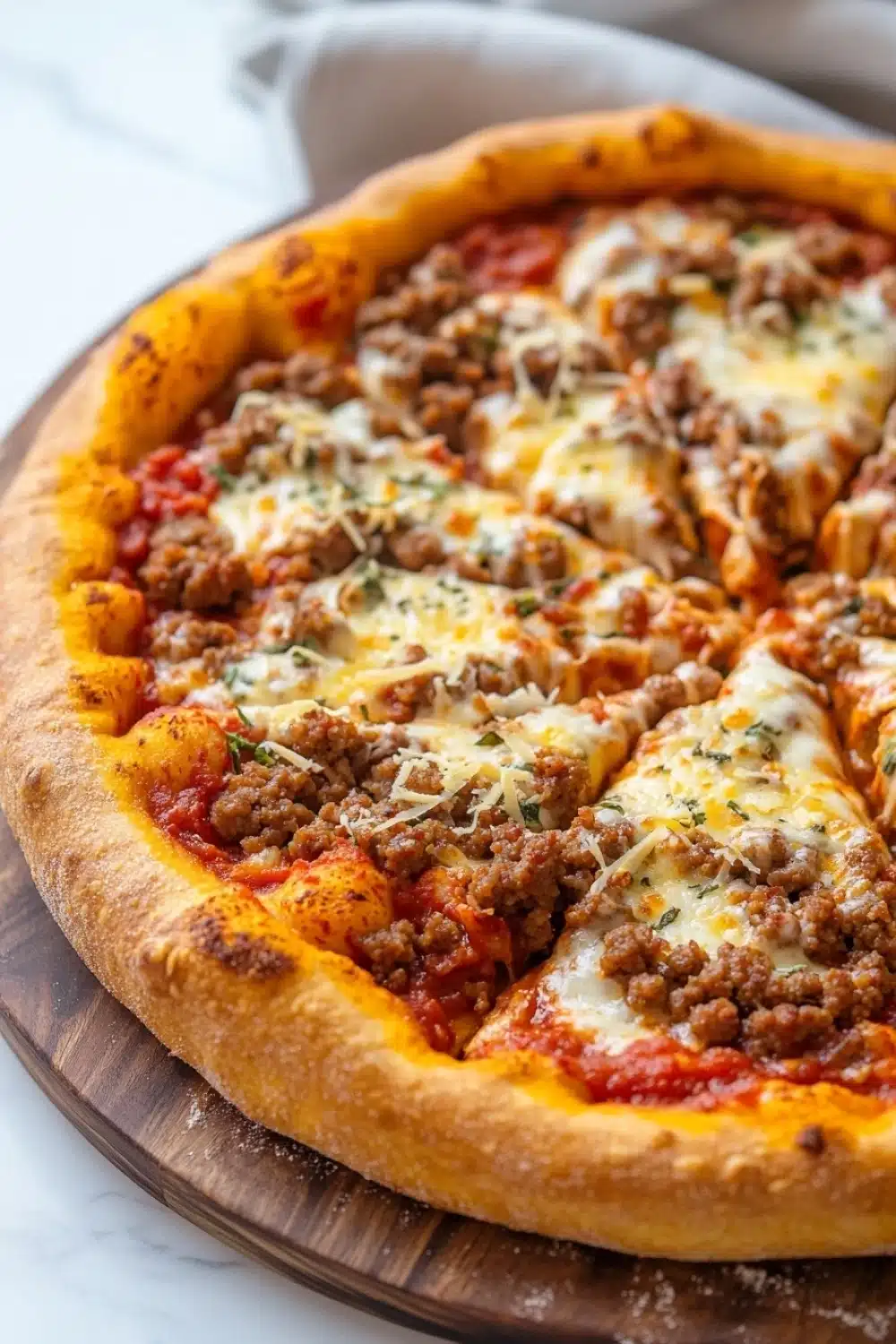 At home deep dish pizza - the image is of a freshly baked pizza on a wooden cutting board. the pizza has a golden brown crust and is topped with melted cheese, red sauce, and chunks of ground meat. the cheese is melted and bubbly, and there are small flecks of herbs scattered throughout the pizza. the background is a white marble countertop.