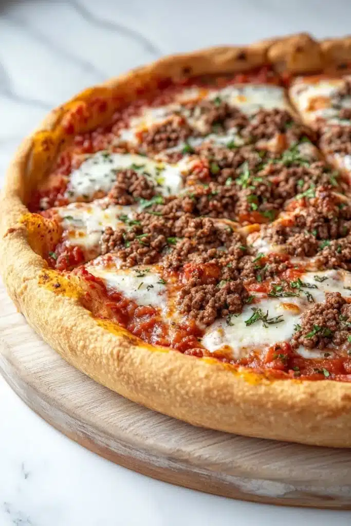 At home deep dish pizza - the image is of a freshly baked pizza on a wooden cutting board. the pizza has a golden brown crust and is topped with melted cheese and chunks of ground meat. the cheese is melted and bubbly, and the meat appears to be seasoned with herbs and spices. the cutting board is placed on a white marble countertop.