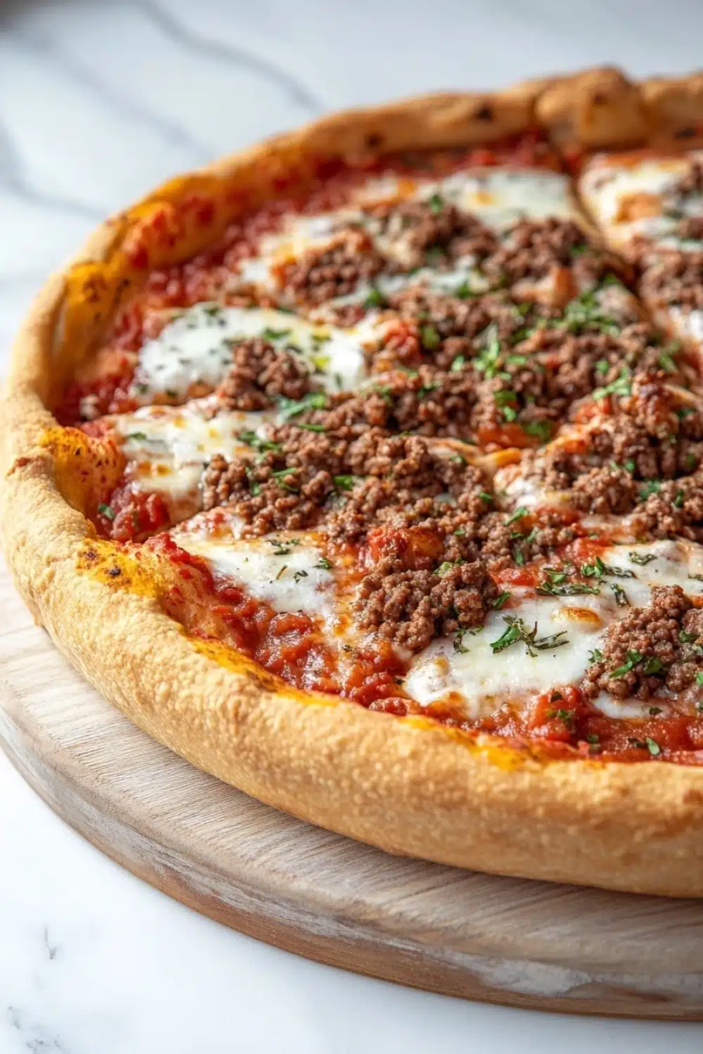 At home deep dish pizza - the image is of a freshly baked pizza on a wooden cutting board. the pizza has a golden brown crust and is topped with melted cheese and chunks of ground meat. the cheese is melted and bubbly, and the meat appears to be seasoned with herbs and spices. the cutting board is placed on a white marble countertop.