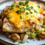 Baked chicken casserole with stuffing - the image shows a plate of food with a serving of chicken and rice. the chicken is cooked to a golden brown color and appears to be seasoned with herbs and spices. the rice is a mix of brown rice and green onions, and there is a layer of melted cheese on top. the plate is white with a blue rim and is sitting on a wooden table. there are a few sprigs of parsley scattered around the plate.