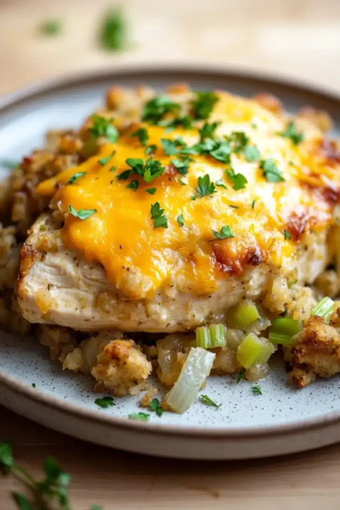 Baked chicken casserole with stuffing - the image shows a plate of food with a serving of chicken and rice. the chicken is cooked to a golden brown color and appears to be seasoned with herbs and spices. the rice is a mix of brown rice and green onions, and there is a layer of melted cheese on top. the plate is white with a blue rim and is sitting on a wooden table. there are a few sprigs of parsley scattered around the plate.