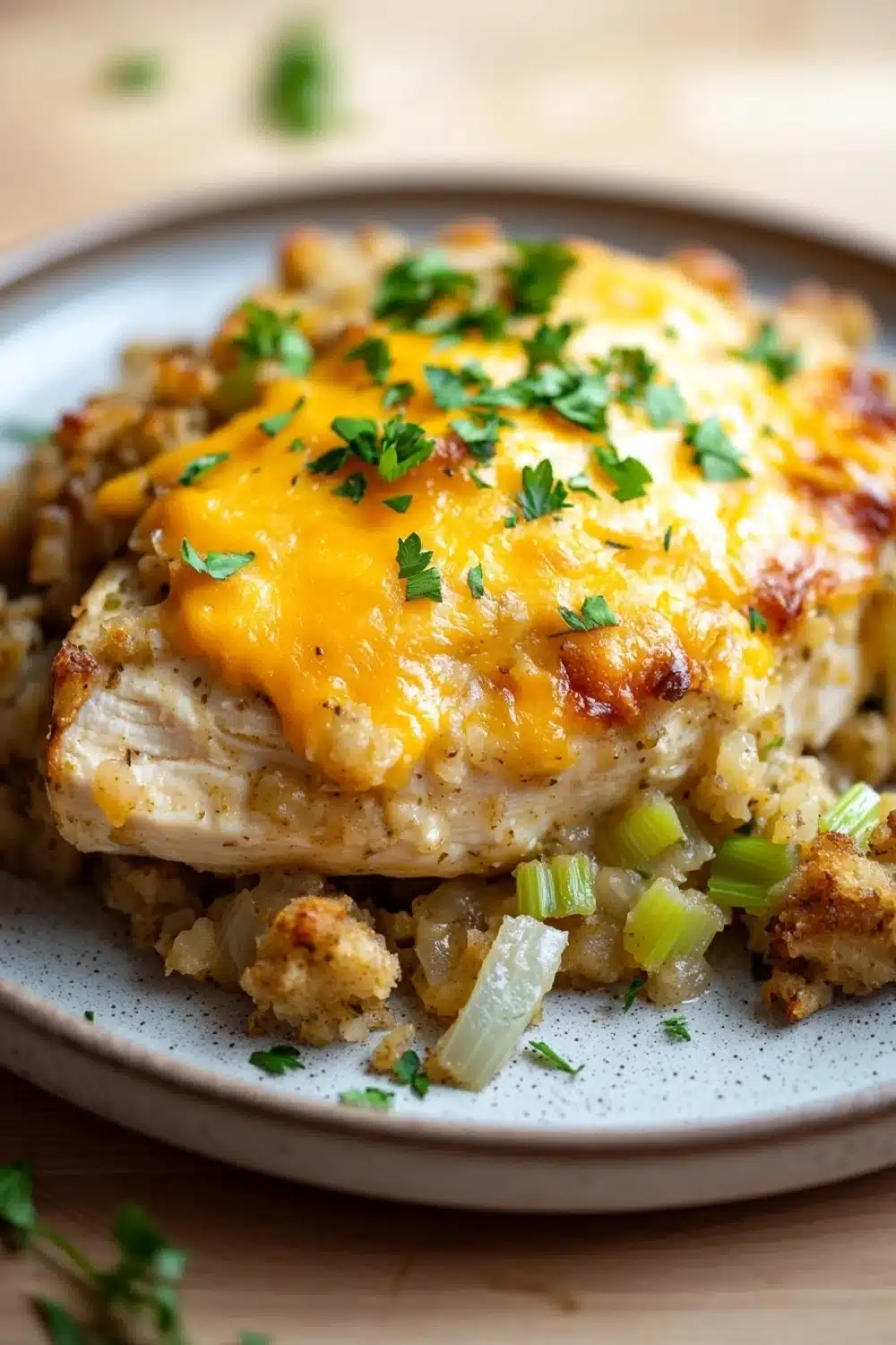 Baked chicken casserole with stuffing - the image shows a plate of food with a serving of chicken and rice. the chicken is cooked to a golden brown color and appears to be seasoned with herbs and spices. the rice is a mix of brown rice and green onions, and there is a layer of melted cheese on top. the plate is white with a blue rim and is sitting on a wooden table. there are a few sprigs of parsley scattered around the plate.