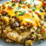 Baked chicken casserole with stuffing - the image shows a close-up of a dish on a gray plate. the dish appears to be a casserole or casserolle, with a golden-brown color and a layer of melted cheese on top. the cheese is melted and bubbly, and it is garnished with chopped parsley. there are also chunks of mushrooms and bacon scattered throughout the dish, adding a savory flavor. the plate is sitting on a wooden table, and the background is blurred, making the dish the focal point of the image.