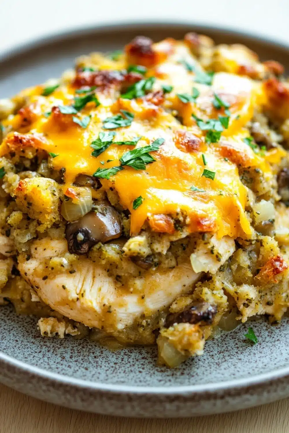 Baked chicken casserole with stuffing - the image shows a close-up of a dish on a gray plate. the dish appears to be a casserole or casserolle, with a golden-brown color and a layer of melted cheese on top. the cheese is melted and bubbly, and it is garnished with chopped parsley. there are also chunks of mushrooms and bacon scattered throughout the dish, adding a savory flavor. the plate is sitting on a wooden table, and the background is blurred, making the dish the focal point of the image.