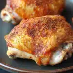 Baked chicken thighs bone in oven - the image shows two pieces of chicken drumsticks on a black plate. the drumsticks are golden brown and appear to be seasoned with spices and herbs. the plate is round and has a dark brown rim. the background is blurred, but it appears to be a kitchen countertop.