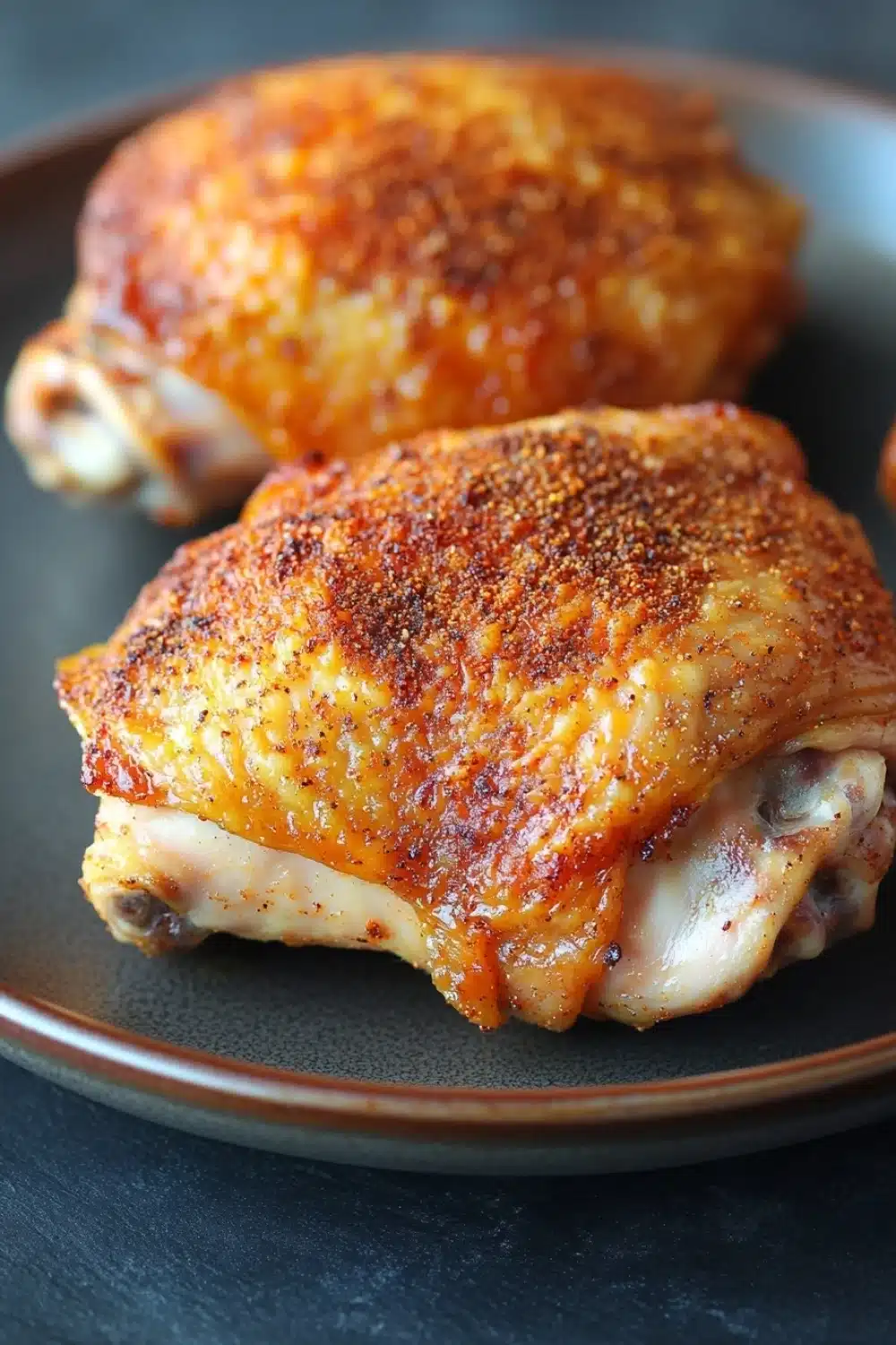 Baked chicken thighs bone in oven - the image shows two pieces of chicken drumsticks on a black plate. the drumsticks are golden brown and appear to be seasoned with spices and herbs. the plate is round and has a dark brown rim. the background is blurred, but it appears to be a kitchen countertop.