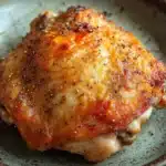 Baked chicken thighs bone in oven - the image shows a close-up of a piece of cooked chicken on a plate. the chicken appears to be seasoned with herbs and spices, giving it a golden-brown color. the plate is round and has a dark brown rim. the background is blurred, but it seems to be a wooden table or countertop. the focus of the image is on the chicken, which is the main focus.
