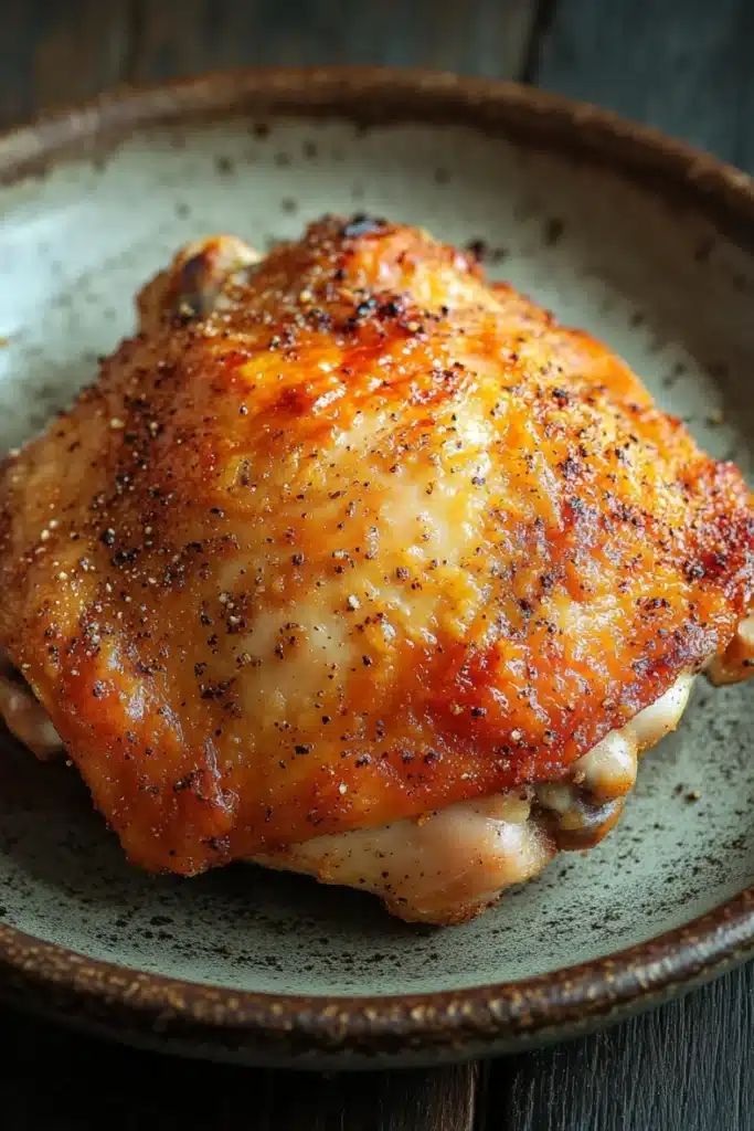 Baked chicken thighs bone in oven - the image shows a close-up of a piece of cooked chicken on a plate. the chicken appears to be seasoned with herbs and spices, giving it a golden-brown color. the plate is round and has a dark brown rim. the background is blurred, but it seems to be a wooden table or countertop. the focus of the image is on the chicken, which is the main focus.